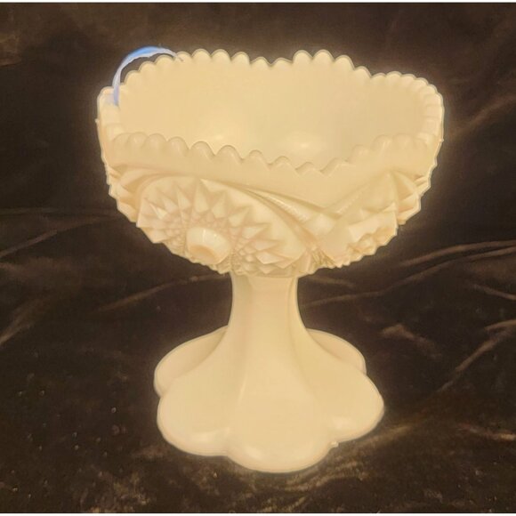 Vintage Kemple Glass Milk Glass Footed Compote with Hobstar and Fan Pattern - Picture 6 of 13